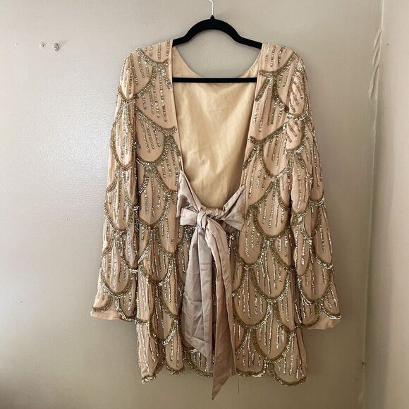 NBD Tristan Sequin Mini Dress Gold Nude Bow Back Revolve NWT $368 SZ L - Picture 14 of 15